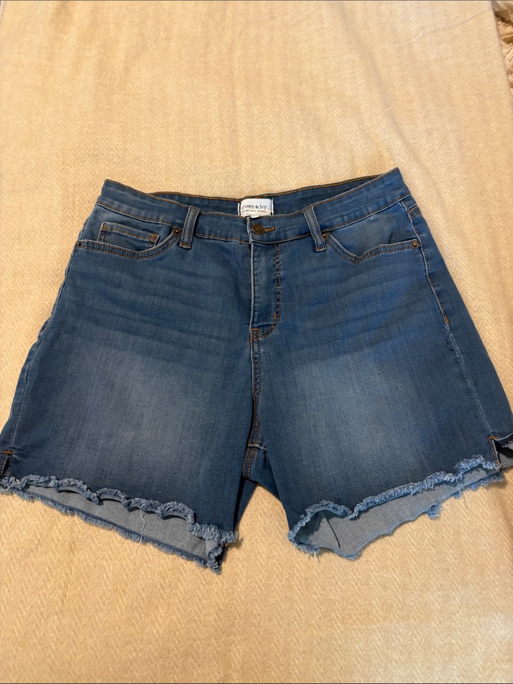 crown & ivy Medium Blue Frayed Hem Denim Shorts